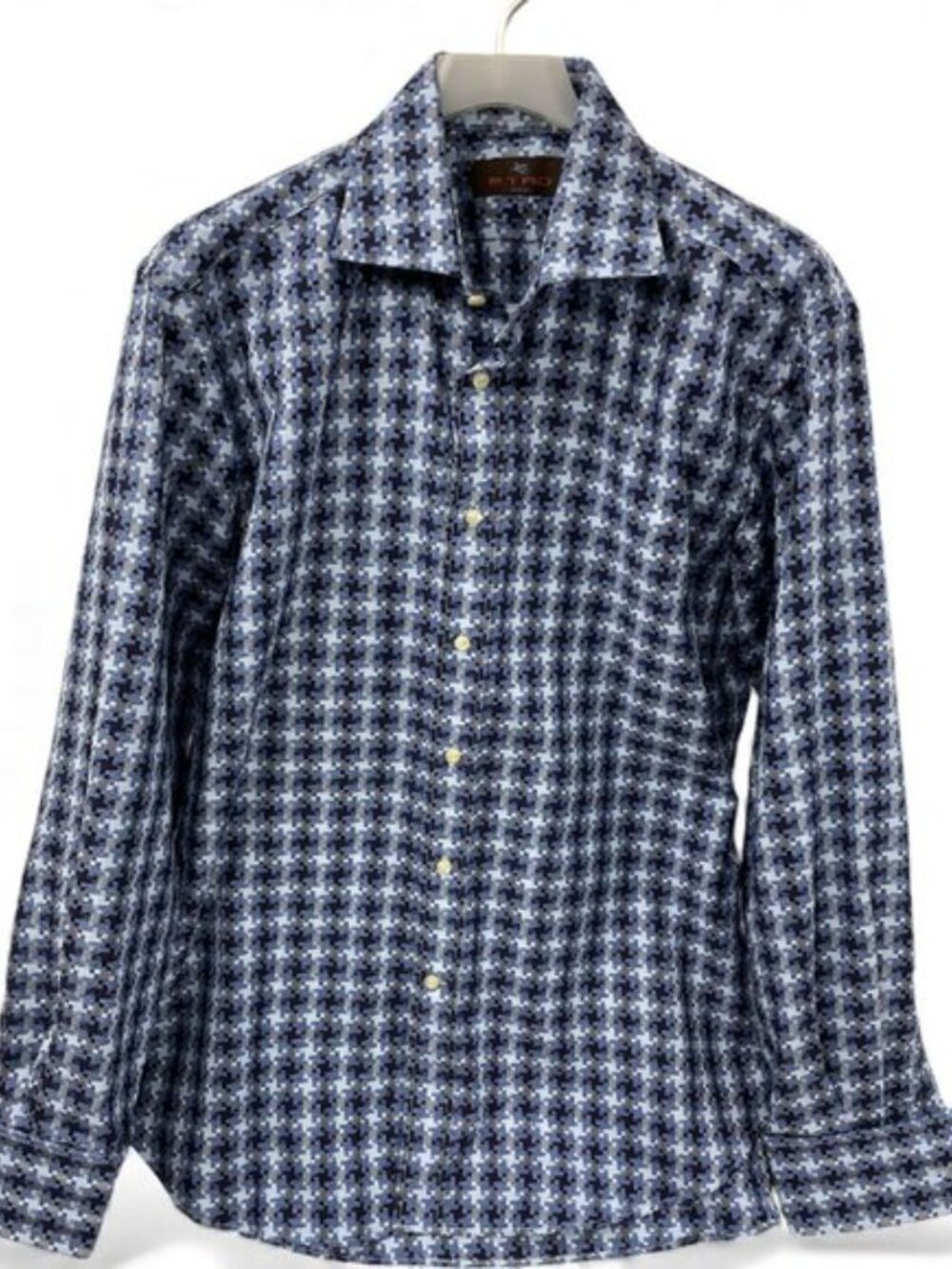 Etro Milano Blue Gray Houndstooth French Cuff Long Sleeve Button Shirt Men's L